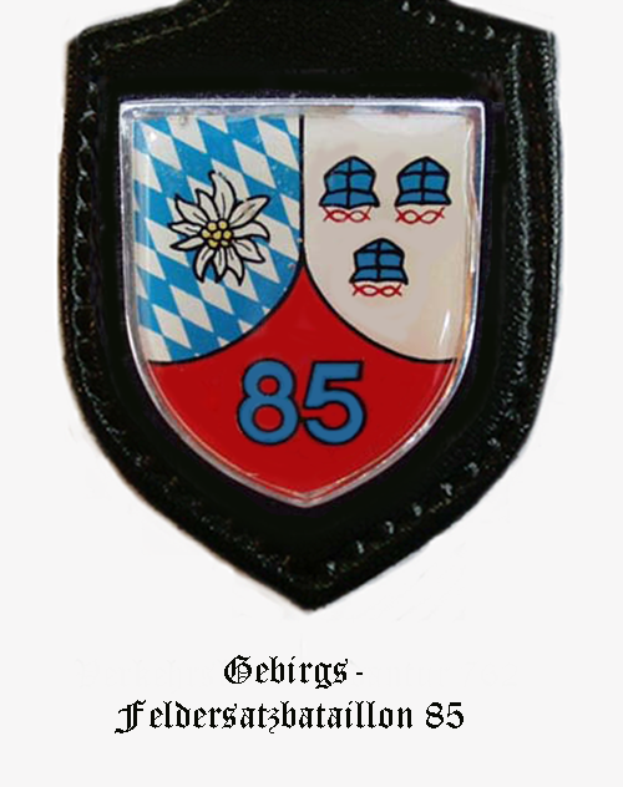 Ein Abzeichen mit der Nummer 85 und deutscher Schrift unten, das das Logo des bayerischen Fussballteams darstellt.
