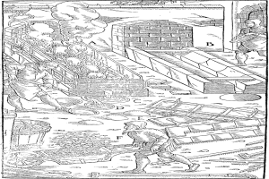 Schwarz-weiß-Radierung eines Mannes, der in einer Fabrik arbeitet, umgeben von Menschen, einer Wand, einem Feuer und anderen Gegenständen, mit Text am unteren Rand, der 'Eine Geschichte der industriellen Revolution' lautet.