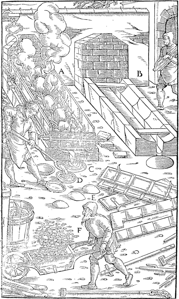 Schwarz-weiß-Radierung eines Mannes, der in einer Fabrik arbeitet, umgeben von Menschen, einer Wand, einem Feuer und anderen Gegenständen, mit Text am unteren Rand, der 'Eine Geschichte der industriellen Revolution' lautet.