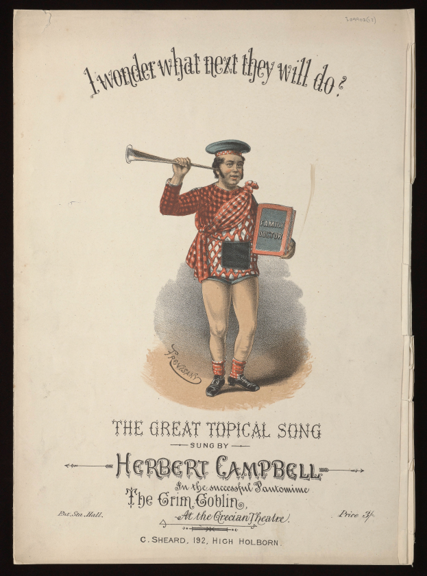Eine Person in farbenfroher Kleidung hält ein Musikinstrument und singt von Notenblättern mit der Überschrift "Der Große Topik-Song von Herbert Campbell", mit fröhlicher Miene.