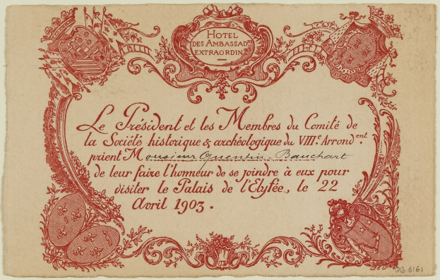 Altes Dokument mit detailliertem rot-weißem Design, lesbarer Text auf vergilbtem Papier.
