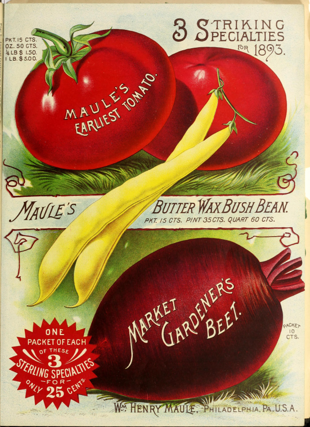 Ein Vintage-Plakat mit einer Vielzahl von farbenfrohen Gemüsen, darunter Tomaten und Rote Beete, die in einem ansprechenden Muster mit überlappenden Elementen angeordnet sind, und der Text "Market Gardener's Beet" in einer fetten Schrift oben.