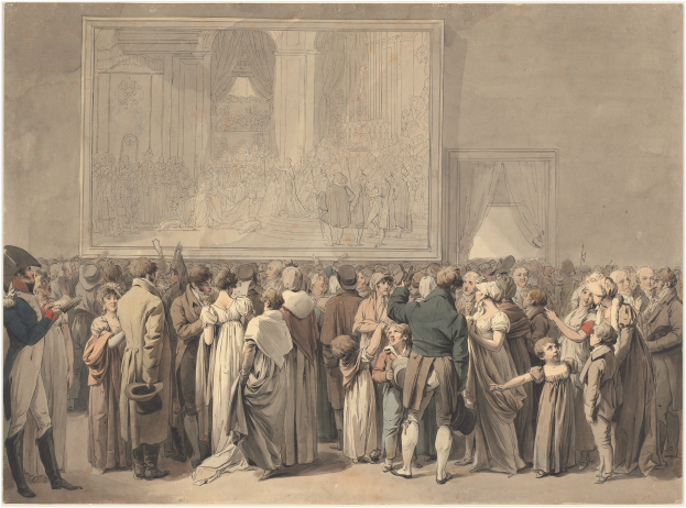 Ein Gemälde, das eine Menschenmenge vor einer Bühne zeigt, mit einem Foto Rahmen an der Wand und Vorhängen im Hintergrund, betitelt mit "Die Hochzeit von Thomas Rowlandson".