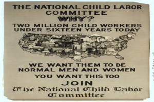 Plakat mit der Aufschrift "Der Nationale Ausschuss für Kinderarbeit: Warum? Zweieinhalb Millionen Kinderarbeiter unter sechzehn Jahren heute" mit einer Landkarte der USA und Illustrationen von Ausschussmitgliedern.