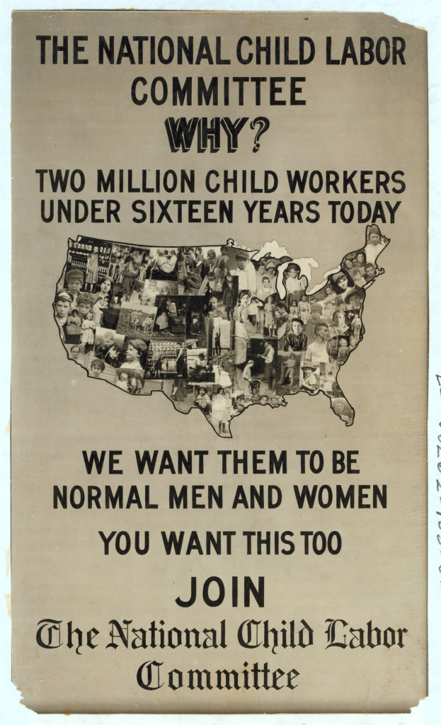 Plakat mit der Aufschrift "Der Nationale Ausschuss für Kinderarbeit: Warum? Zweieinhalb Millionen Kinderarbeiter unter sechzehn Jahren heute" mit einer Landkarte der USA und Illustrationen von Ausschussmitgliedern.