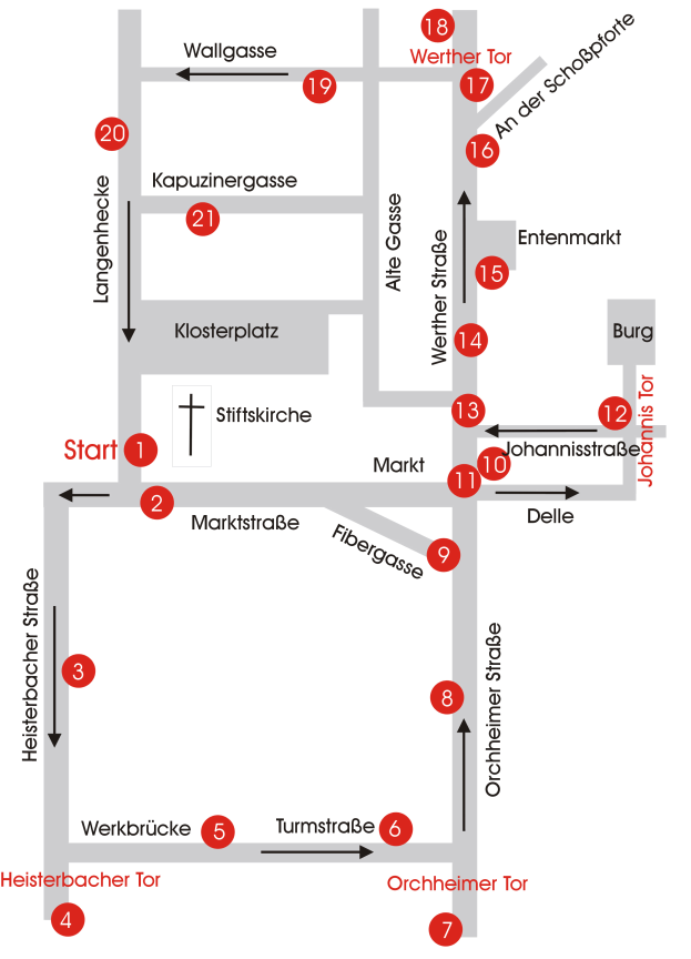 Ein detaillierter Stadtplan von Heidelberg, Deutschland, der eine bestimmte Kirche mit einer Routenkarte und beschreibendem Text hervorhebt, der ihren Standort und nahe gelegene Sehenswürdigkeiten angibt.