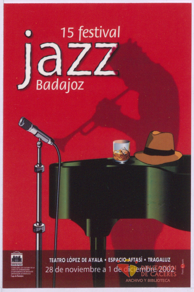 Plakat für das 15. Festival Jazz Badajoz mit Mikrofon, Hut und Glas auf einem Tisch mit Text zu den Festivaldetails.