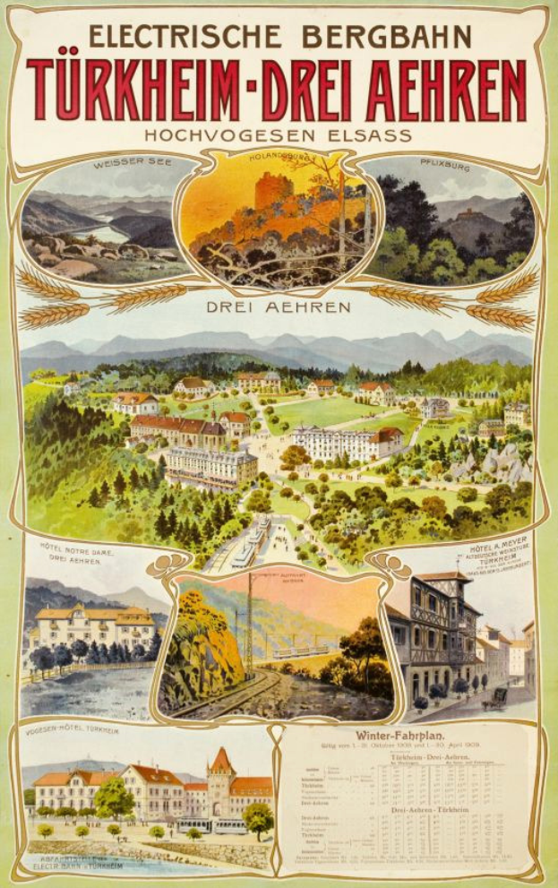 Ein Plakat, das die elektrische Stadt Bergbahn in Deutschland bewirbt, zeigt Bilder von Gebäuden, Bäumen, Hügeln und beschreibendem Text.