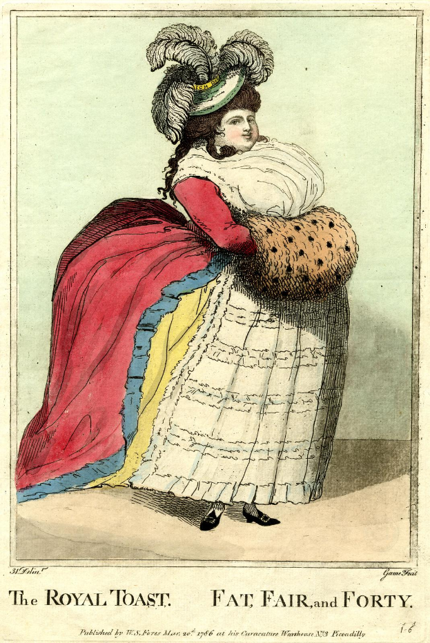 Eine Frau in einem farbenfrohen, gemusterten Kleid und einer Federhaube posiert königlich, mit verschränkten Händen und erhobenem Haupt, und der Text "The Royal Toast, Fat Fair and Forty" unten.