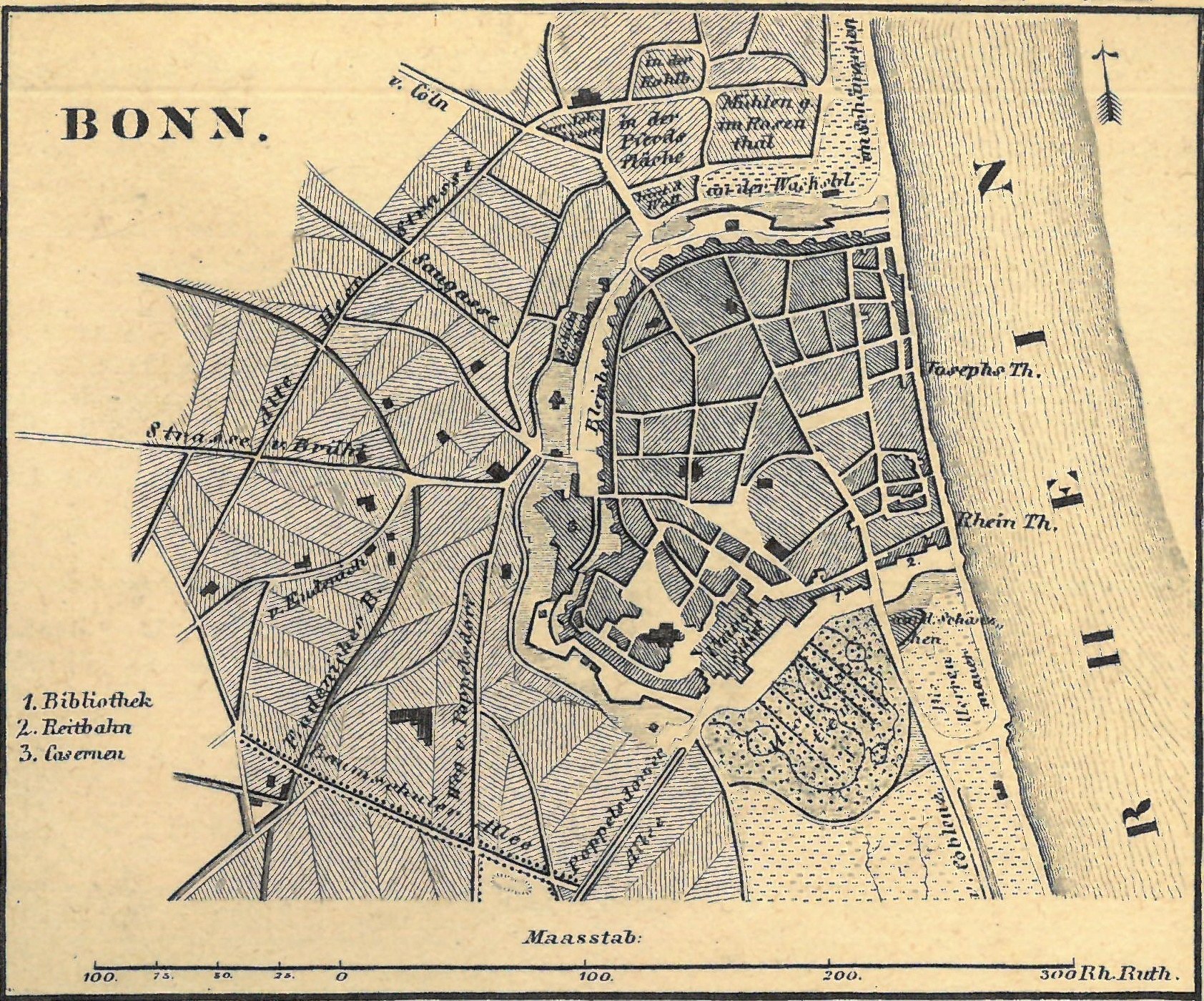 Detailierte alte Karte von Bonn, Deutschland, zeigt Stra├čen, Geb├Ąude und Landmarken mit sichtbarem Text.