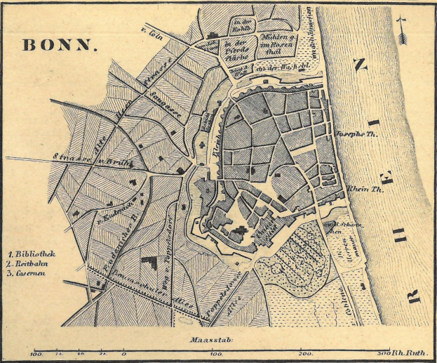 Detailierte alte Karte von Bonn, Deutschland, zeigt Stra├čen, Geb├Ąude und Landmarken mit sichtbarem Text.