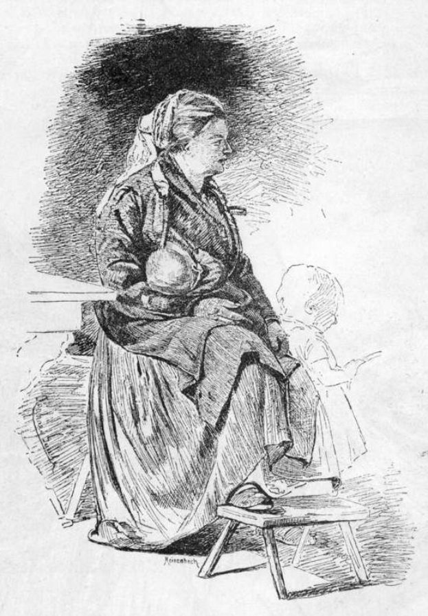 Eine Frau in einem langen Kleid und einem Schal sitzt auf einem Stuhl und hält ein lächelndes Baby, mit einem Kind, das neben ihnen steht, alles unter einem hellblauen Himmel mit weißen Wolken.