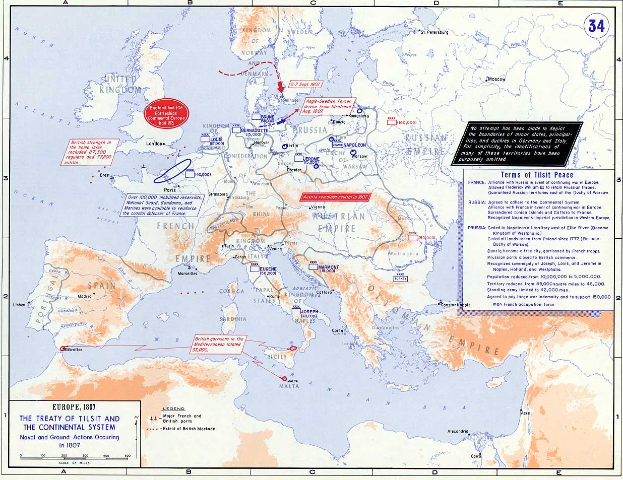 Eine detaillierte Karte Europas während des Vertrags von Tilsit und des Kontinentalen Systems im Jahr 1807, die Länder, Regionen und das Ausmaß des Römischen Reichs zeigt, mit begleitendem Text über die Absicht und Bedeutung des Vertrags.
