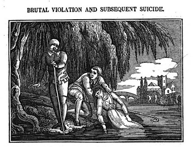 Schwarzes und weißes Bild eines Mannes, der mit einem Stock über einer Frau steht, die auf dem Boden liegt, mit Bäumen, Gebäuden und einem bewölkten Himmel im Hintergrund; Text oben und unten lautet "brutale Gewalt und anschließender Suizid."