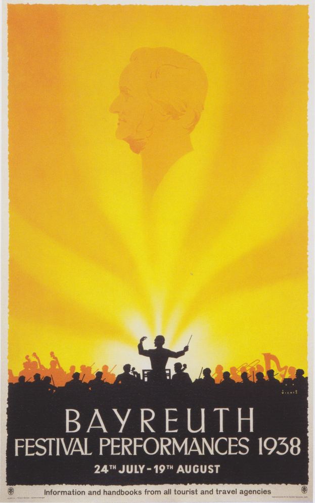 Ein Plakat für die Bayreuth-Festival-Vorstellungen 1938, das eine zentrale Figur umgeben von einer Gruppe von Menschen zeigt, mit Text, der Festival-Informationen bereitstellt.