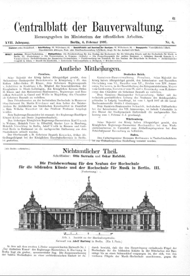 Alte deutsche Zeitungsvorderseite vom 6. Februar 1897 mit einer detaillierten Zeichnung eines großen, prunkvollen Gebäudes mit einem prächtigen Eingang und mehreren Fenstern, umgeben von schwarzem Text und einem dekorativen Rahmen.