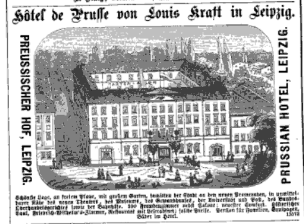 Eine alte Zeitungsanzeige für ein Hotel in Leipzig, Deutschland, die das Gebäude, Bäume, Menschen und Text zeigt.