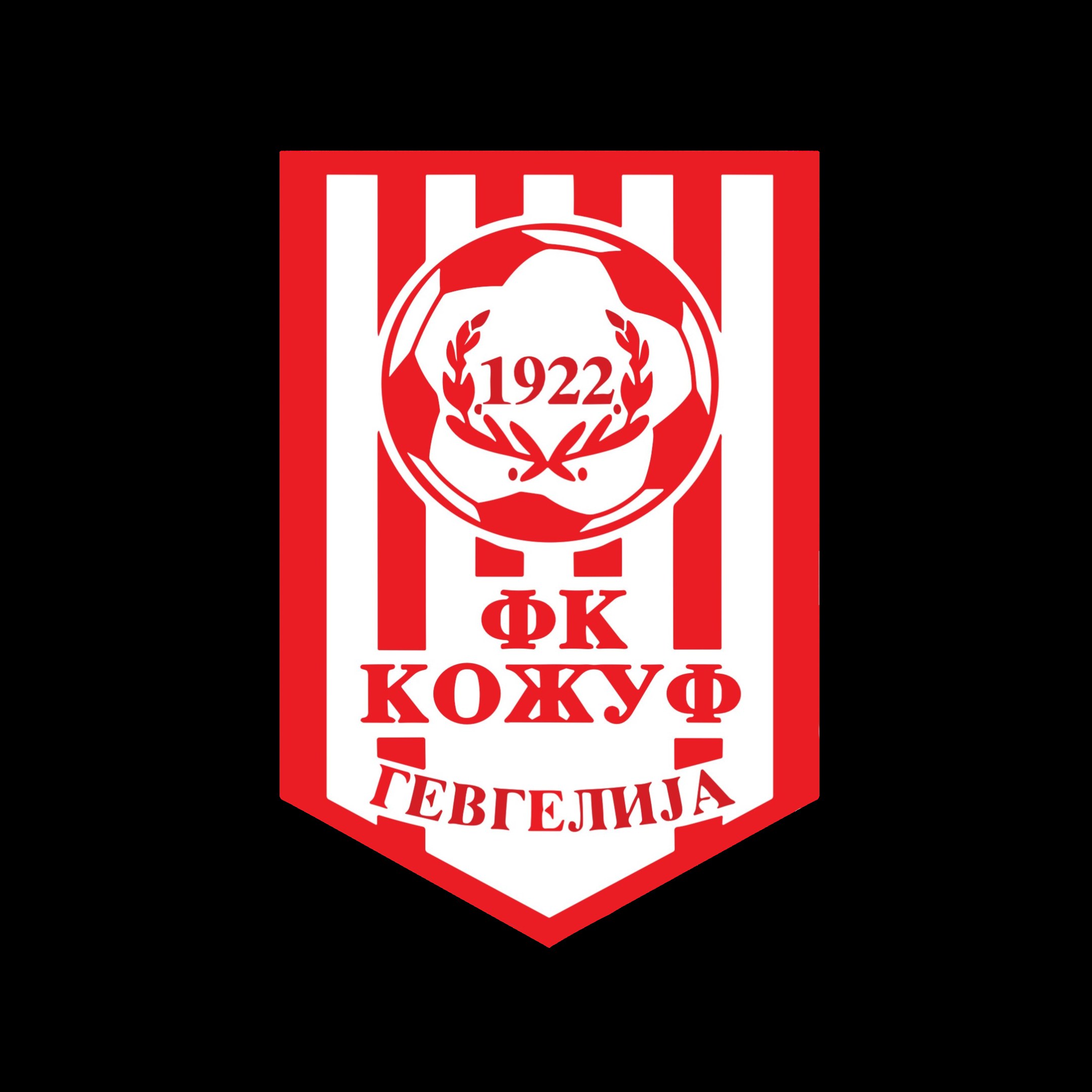 Ein rotes und weißes gestreiftes Logo mit der schwarzen, fetten Schrift 'Kosovo Football Club' in der Mitte auf einem weißen Hintergrund mit weißem Rand.