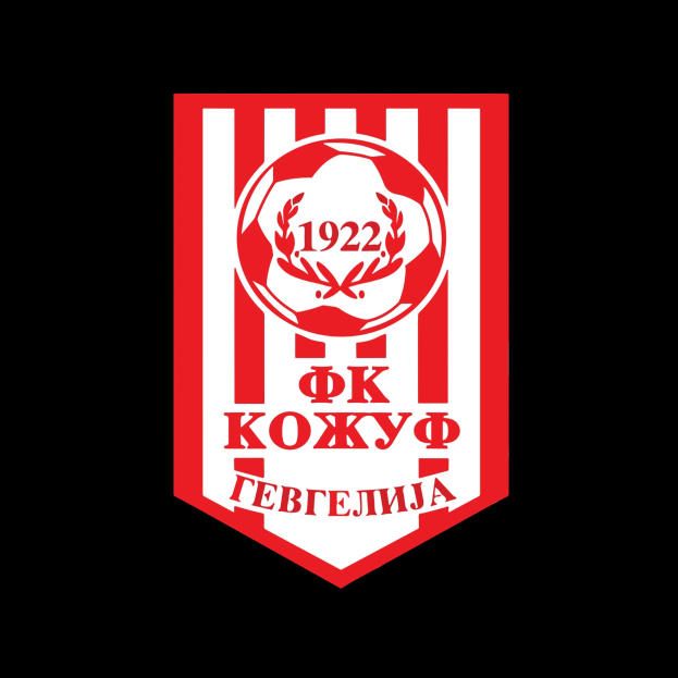 Ein rotes und weißes gestreiftes Logo mit der schwarzen, fetten Schrift 'Kosovo Football Club' in der Mitte auf einem weißen Hintergrund mit weißem Rand.