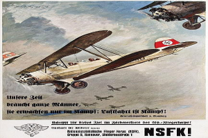 Ein deutsches Propagandaplakat aus dem Zweiten Weltkrieg, das eine Gruppe von Kampfflugzeugen in der Luft zeigt, mit Text, der die Flugzeuge und ihre Fähigkeiten beschreibt.