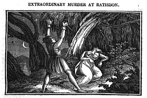 Eine Schwarz-Weißllustration eines Mannes und einer Frau im Wald, mit Bäumen im Hintergrund und dem Text "Überraschender Mord in Ratison" oben und unten.
