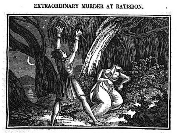 Eine Schwarz-Weißllustration eines Mannes und einer Frau im Wald, mit Bäumen im Hintergrund und dem Text "Überraschender Mord in Ratison" oben und unten.