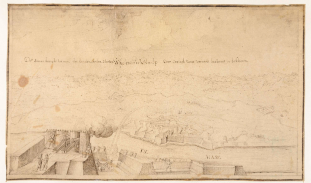 Ein detailliertes Stadtpanorama mit einer Burg im Hintergrund, begleitet von beschreibendem Text auf dem Papier.