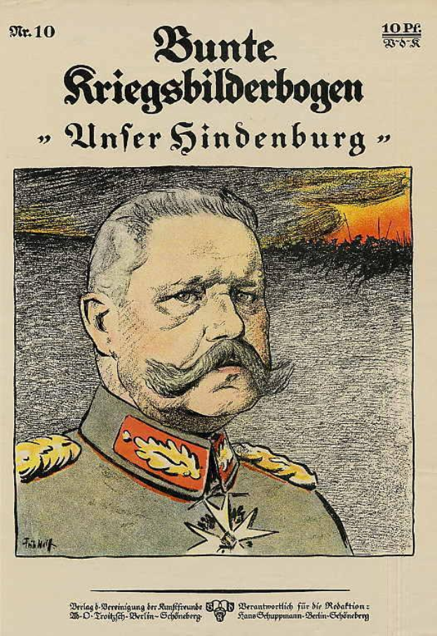 Ein deutsches Propagandaplakat namens 'Bunte Riegsbilderbogen - Unter Sindenburg', das einen Mann mit Schnurrbart in einer Militäruniform zeigt, wahrscheinlich Adolf Hitler, mit Textinformationen zum Schlachtfeld der Somme während des Zweiten Weltkriegs.