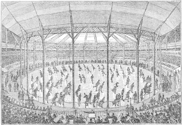 Schwarze und weiße Illustration einer großen Arena mit Zuschauern, die ein Eishockeyspiel während der Olympischen Spiele in London, England, verfolgen.