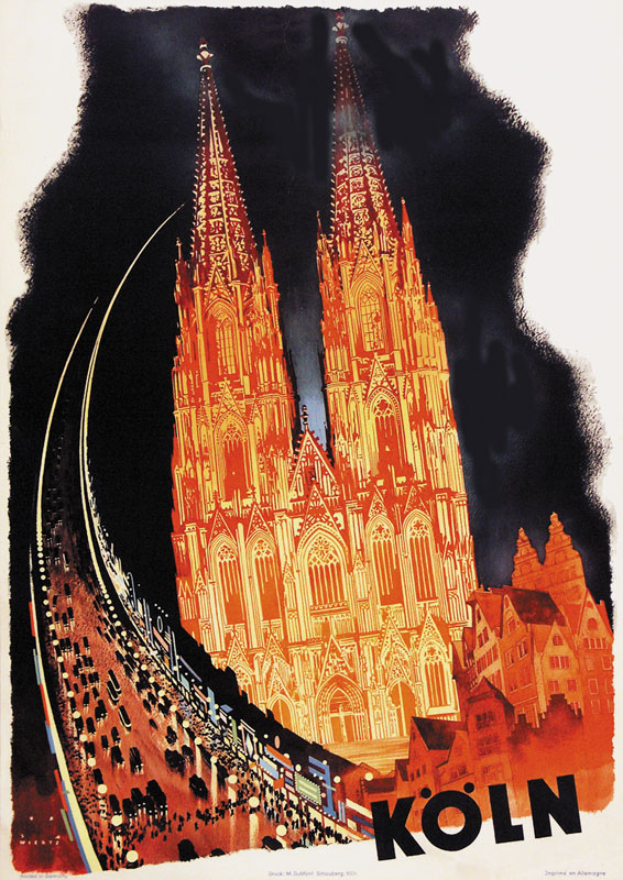 Ein Plakat, das einen Bahnhof in Köln, Deutschland, bewirbt, zeigt eine detaillierte Illustration des Kölner Doms mit seinen markanten Spitzen und detaillierten Elementen, zusammen mit Text, der wahrscheinlich Informationen über den Bahnhof und seine Dienstleistungen enthält.