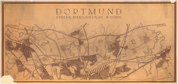 Ein detaillierter alter Stadtplan von Dortmund, Deutschland, der Straßen, Gebäude und Sehenswürdigkeiten mit Textanmerkungen zeigt.