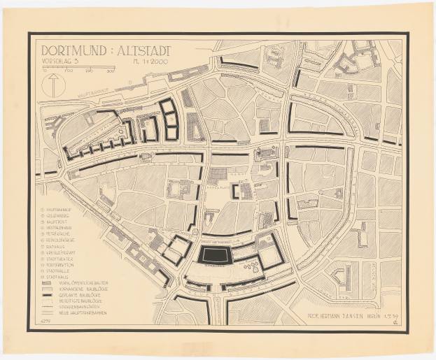 Ein detailliertes altes Stadtplan von Dortmund, Deutschland, auf einem weißen Hintergrund, der Straßen, Gebäude, Sehenswürdigkeiten und Text mit Informationen über die Stadt zeigt.