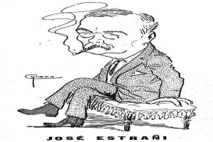 Eine Karikatur eines Mannes namens Jose Estraní, der auf einem Stuhl sitzt und eine Zigarette im Mund hat, trägt einen Anzug und hat einen ernsten Gesichtsausdruck, mit spanischem Text unten im Bild.