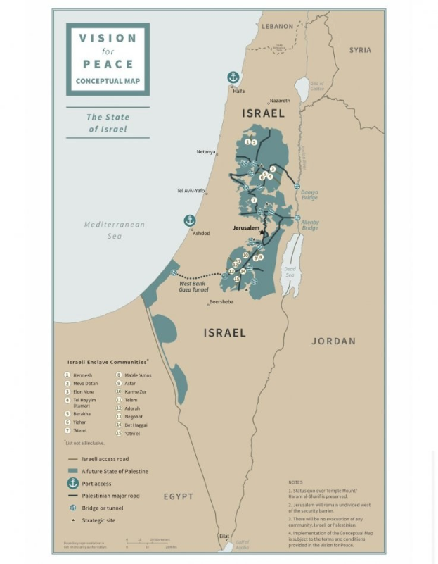 Plakat mit der Aufschrift "Vision für Friedenskonzept-Karte" mit einer schattierten Karte Israels in Blau, Grün und Gelb mit fetter schwarzer Schrift.