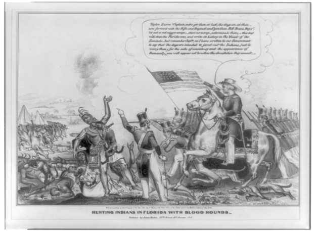 Schwarzes und weißes Foto einer Gruppe von Menschen, einige zu Pferd, mit einer Flagge im Hintergrund und Text unten mit der Aufschrift "Indianer jagen in Florida mit Bluthunden".