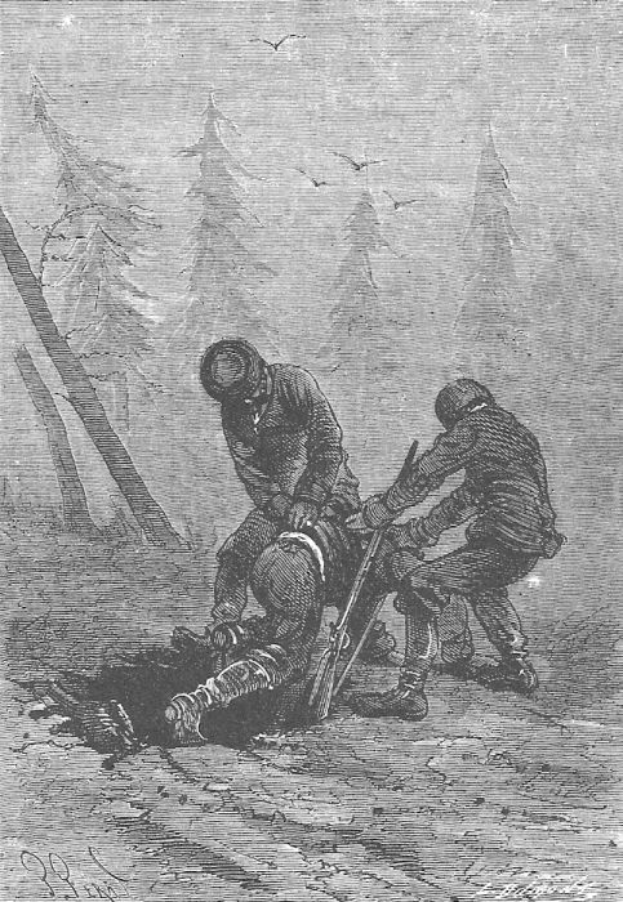 Eine schwarz-weiße Radierung von zwei Männern in einem bewaldeten Gebiet, einer hält eine Waffe, mit Vögeln am Himmel und Text unten lesend 'Der Tod eines deutschen Soldaten'.