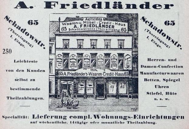 Eine alte Werbung f√ľr einen Friedlander-Laden in Deutschland, die ein Gebäude mit Text zeigt.