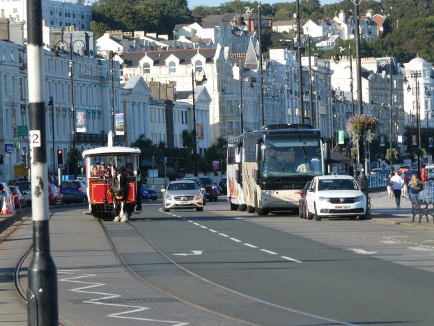 Vollständige Stadtstraße mit hohen Gebäuden, Fahrzeugen, Fußgängern, Verkehrsampeln, Laternen, Texttafeln, Bäumen und einem klaren blauen Himmel.