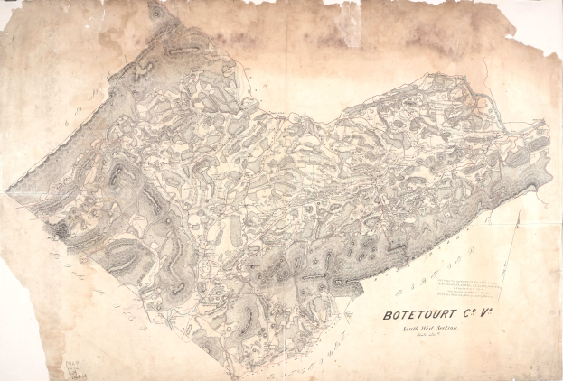 Ein detailliertes altes Stadtplan von Botetourt, der Straßen, Gebäude und Sehenswürdigkeiten zeigt, mit begleitendem Text, der Informationen zur Bevölkerung, Straßen und bemerkenswerten Merkmalen der Stadt enthält.