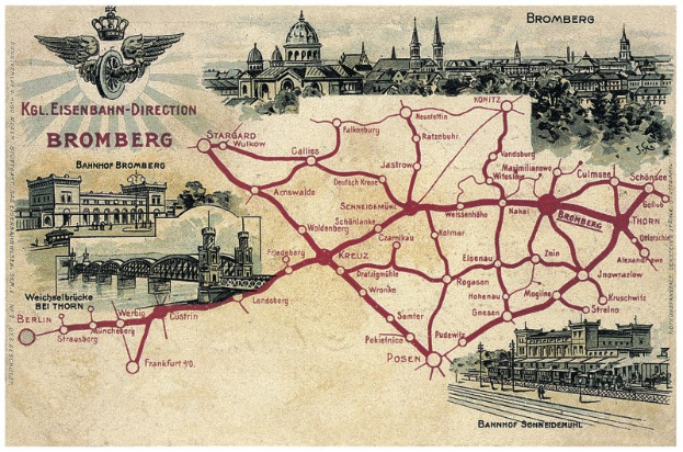 Detailreiches Vintage-Kartenposter von Bromberg, Deutschland, zeigt Straßen, Sehenswürdigkeiten, Gebäude, Bäume, eine Brücke und beschreibenden Text über die Geschichte und Attraktionen der Stadt.