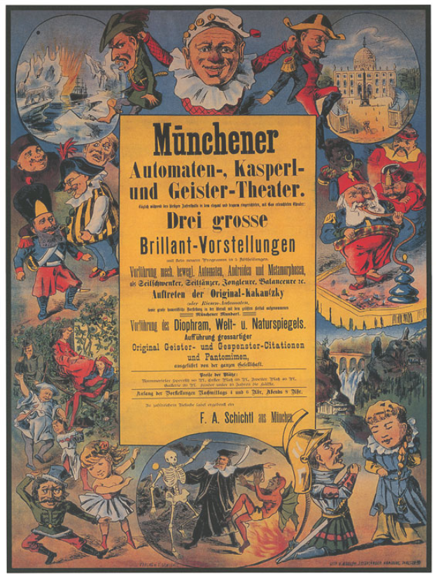 Ein nostalgischer deutscher Filmplakat für das Munchener Automaten-Kasperl- und Geister-Theater, das eine Gruppe von Menschen in farbenfrohen Kostümen in der Mitte zeigt, umgeben von Text in einer lebendigen Atmosphäre.