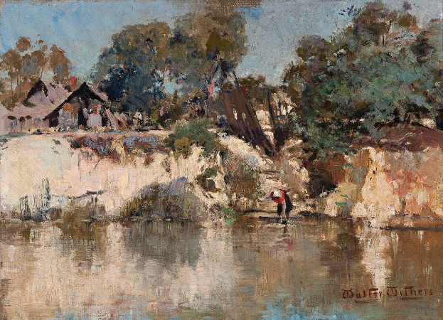 Ein Bild mit dem Titel "Die Flussufer" von Walter Withers, das einen Mann zeigt, der in einem Fluss steht, umgeben von Bäumen, Häusern und einem Himmel.