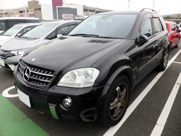 Schwarzer Mercedes-Benz ML 350 CDI Blueefficiency auf einem Parkplatz mit Gebäuden, Polen und Bäumen unter einem klaren blauen Himmel geparkt.