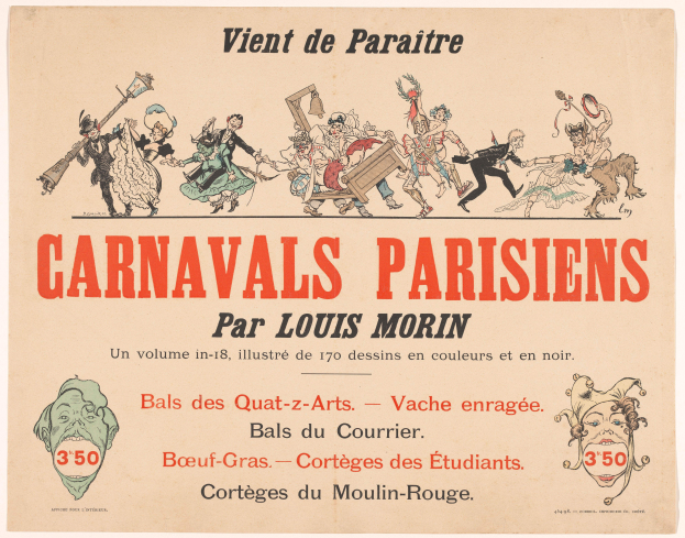 Ein Artikel mit dem Titel 'Pariser Karnevalsbilder von Louis Morin' mit lebendigen, detailreichen Entwürfen von Menschen in bunten Kostümen und Masken in einer lebhaften Karnevalsszene, mit fetter Schrift, die den Titel betont.
