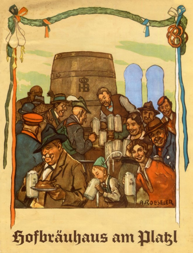 Ein Plakat wirbt für ein Bierfest in Deutschland, das eine Gruppe von Menschen zeigt, einige halten Biergläser, im Hintergrund ein Fass und deutscher Text unten.