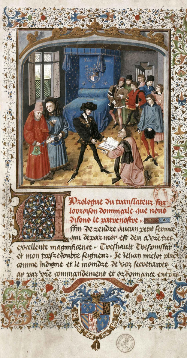 Illuminierte Handschriftenseite, die Heinrich VIII in einem roten Gewand und Elisabeth I. in einem blauen Kleid zeigt, umgeben von einer Gruppe von Menschen, einem Bett, einem Fenster, einem Vorhang und einer Wand, mit der Inschrift "Die Hochzeit von Heinrich VIII und seiner Frau, Elisabeth I."