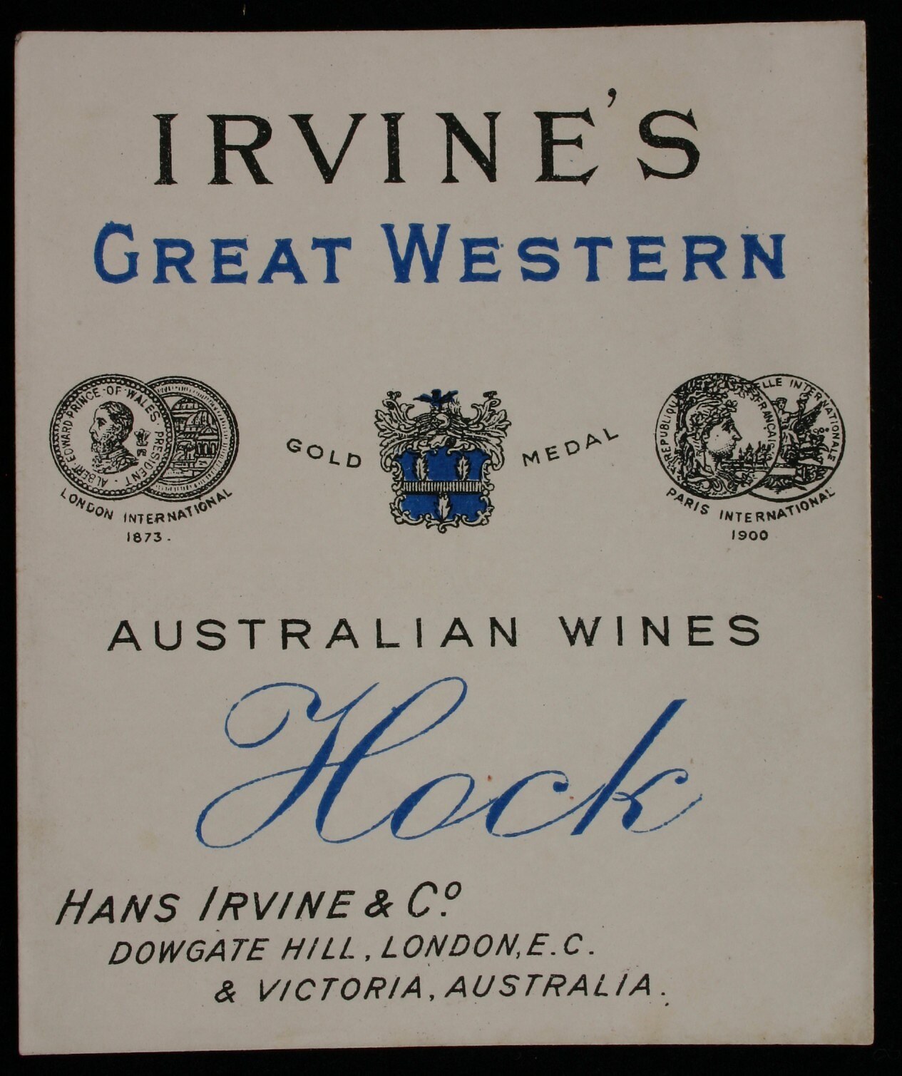 Plakatwerbung für Irvine's Great Western Australian Wines, das Firmenlogo und -text enthält.
