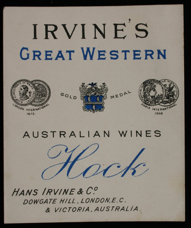 Plakatwerbung für Irvine's Great Western Australian Wines, das Firmenlogo und -text enthält.